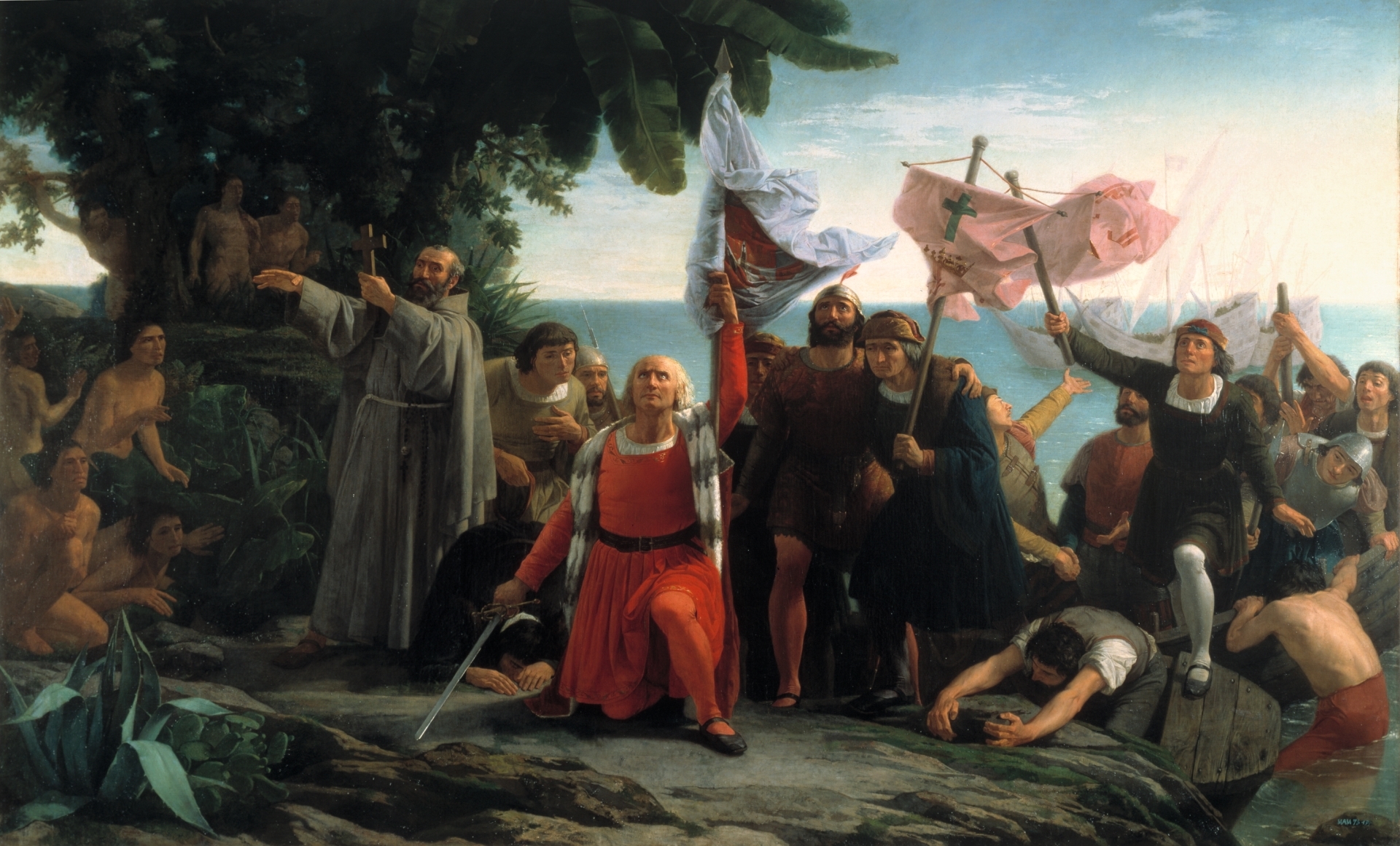 Columbus depicted arriving at the Americas October 12 1492